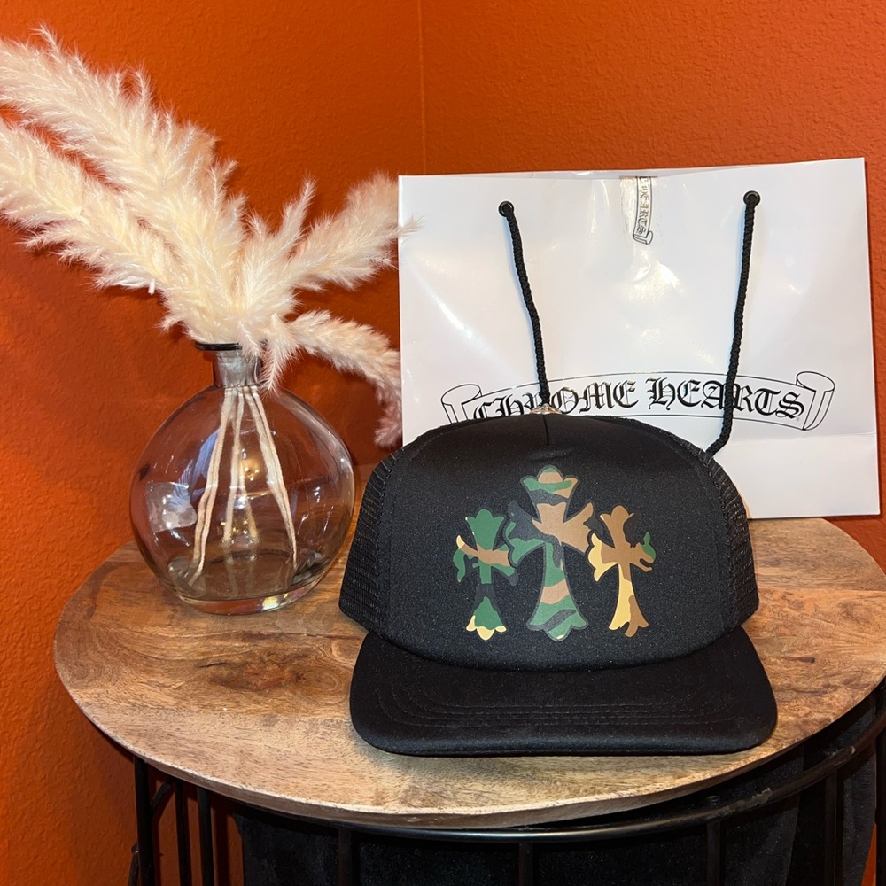Chrome Hearts Trucker Hat Camo Triple Cross Black